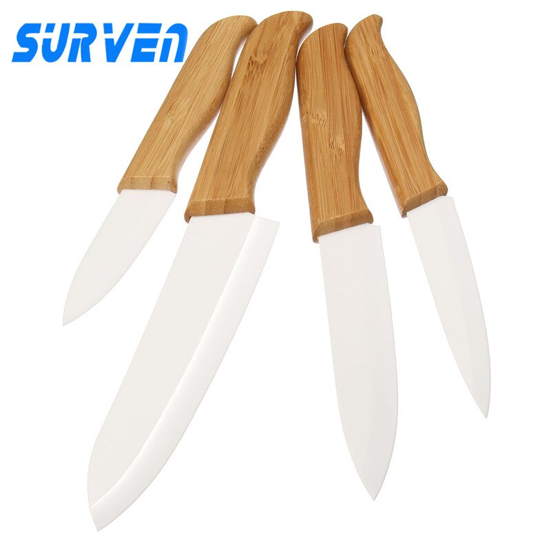SURVEN-Juego de cuchillos de cerámica de Zirconia, 3 "4" 5 "6" pulgadas, mango de bambú con hoja blanca, frutas y verduras para pelar Kit de cocina, 4 Uds.