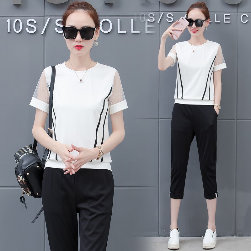 Set Korean loose sweatshirt & capris big yards leisure summer two-piece clothing set women outfit white black: White / L