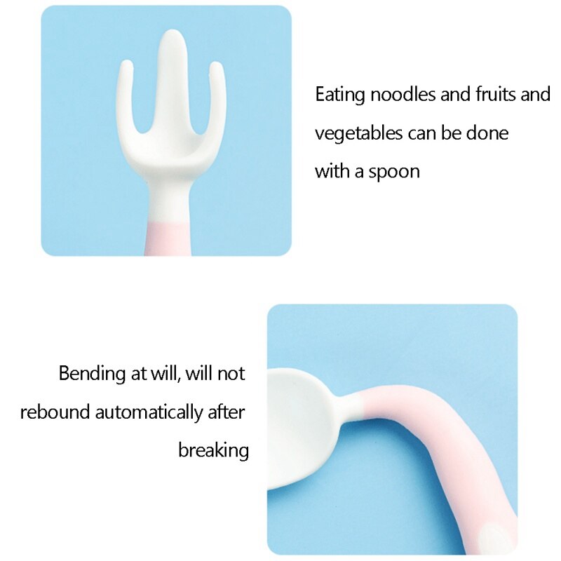 Baby Feeding Spoon Fork Utensils Set Children Curved Handle Easy Grip Elbow Training Kit