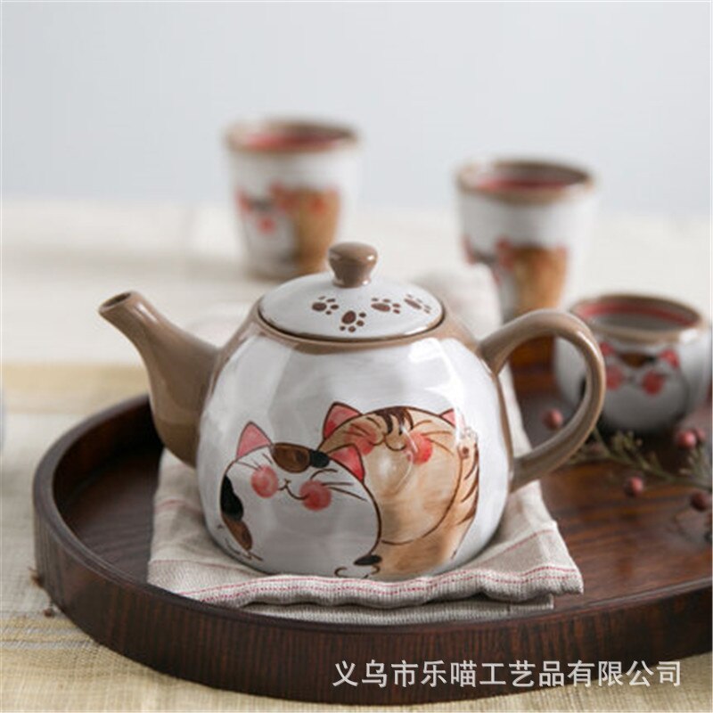 Japanese Style Hand Painted Cute Cat Teapot Ceramic Household Teacup Porcelain Office Kettle Kung Fu Drinkware Tea Set