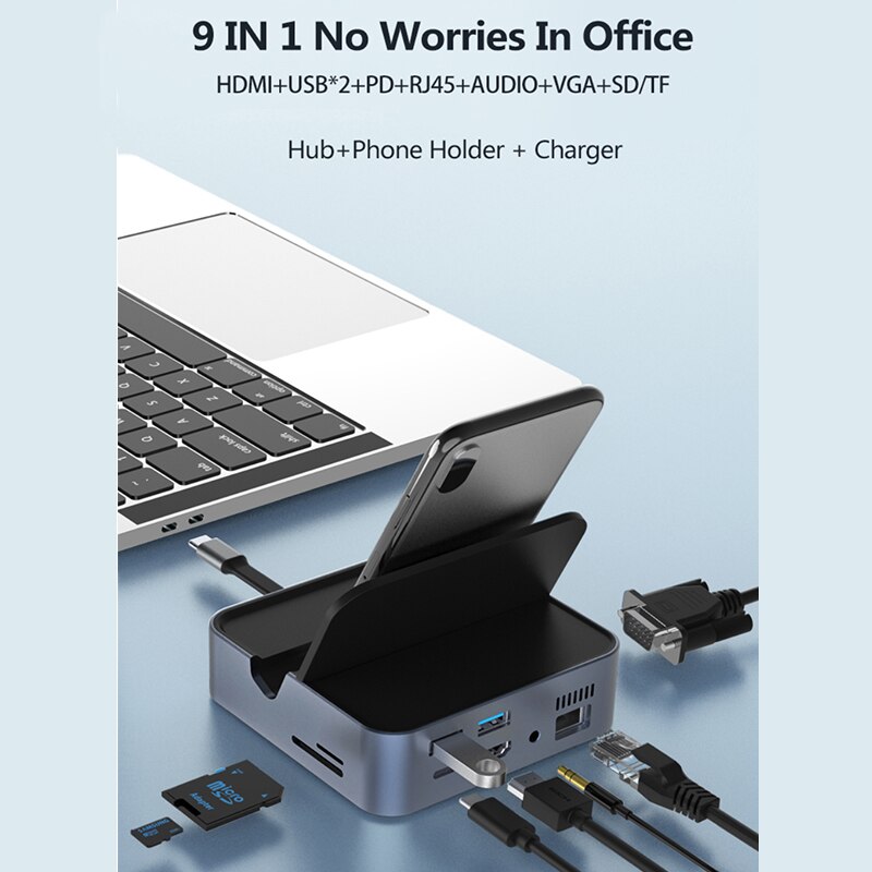 Stacja dokująca USB 3.0 typu C 9 w 1 type-c na HDMI kompatybilny 1080P VGA z telefonem komórkowym inteligentny Adapter obsługuje kartę CD/TF