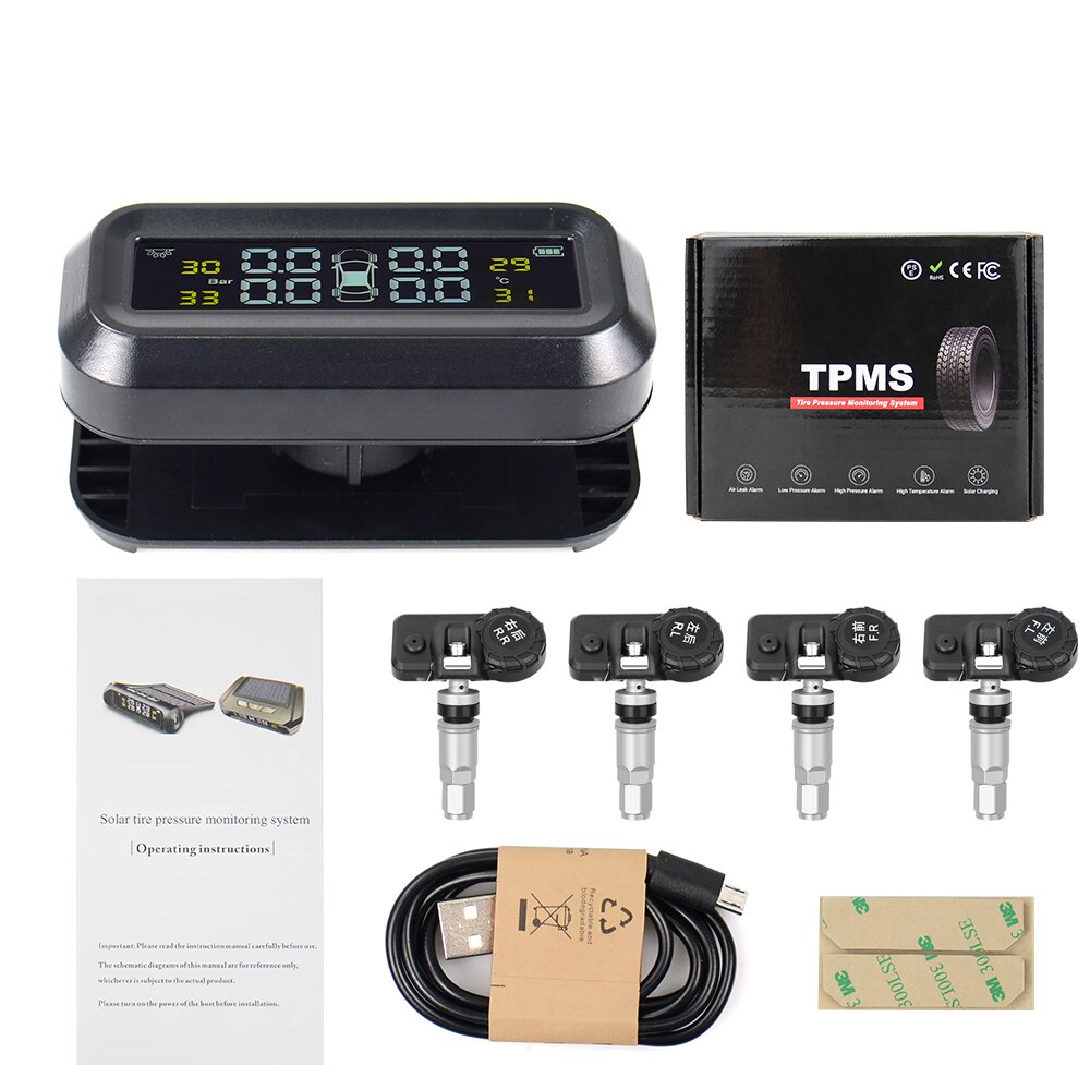 4 external tyres car tire pressure monitoring systems external sensors auto wheel pressure gauge tester security alarm bar psi: White LCD
