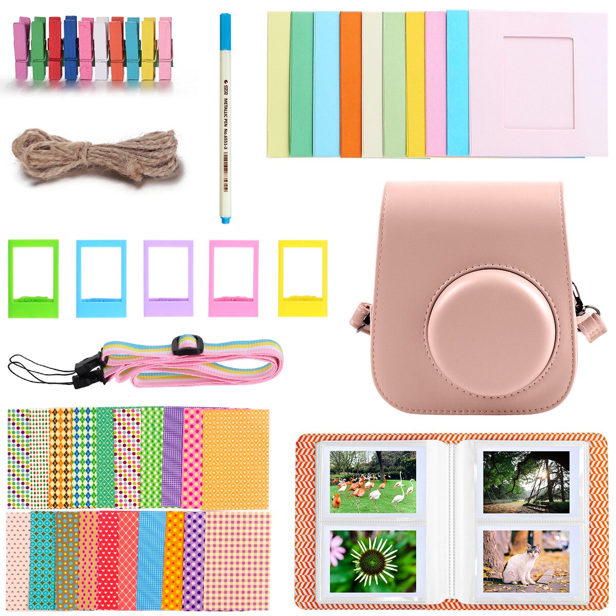 40 stk kamera tilbehørssett med pu tilfelle fotoramme album klistremerker stropp til fujifilm instax mini 11 umiddelbar kamera: Rosa