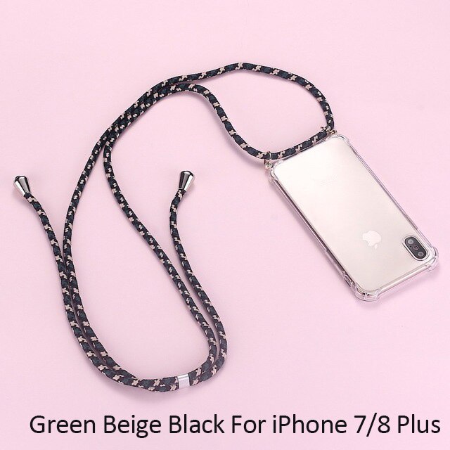 Strap Cord Chain Phone Tape Necklace Lanyard Mobile Phone Case for iPhone 7Plus 8Plus Carry Cover Case to Hang On Apple 7+ 8plus: Green Beige Black