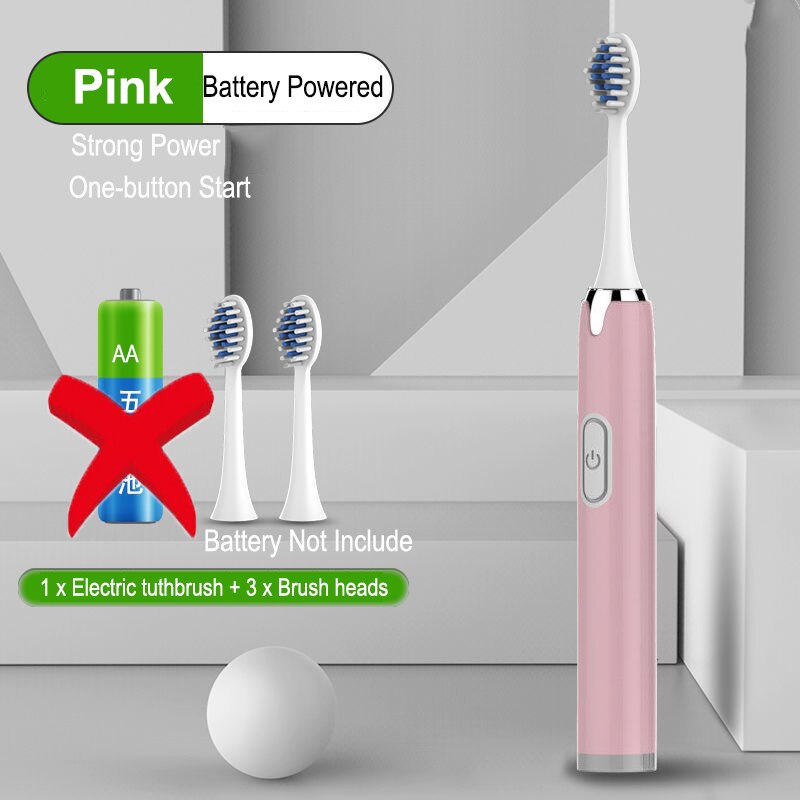 Electric Toothbrush Battery Power Washable Whitening Relax Teeth Brush Ultrasonic Electric Toothbruth USB Rechargeable Adult: Pink 3 head