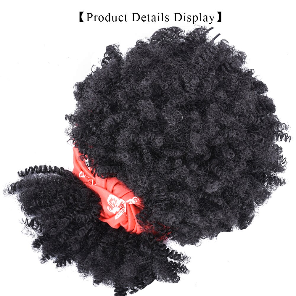 Short High Puff Afro Kinky Curly Drawstring Ponytail With Bang Headwrap Turban Wig for Black Women African Updo