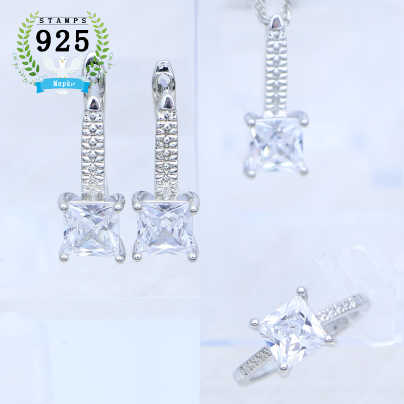 Mujer pendientes anillo colgante collar 925 joyería de plata cuadrado granate piedra roja conjunto de joyas accesorios de boda: Blanco
