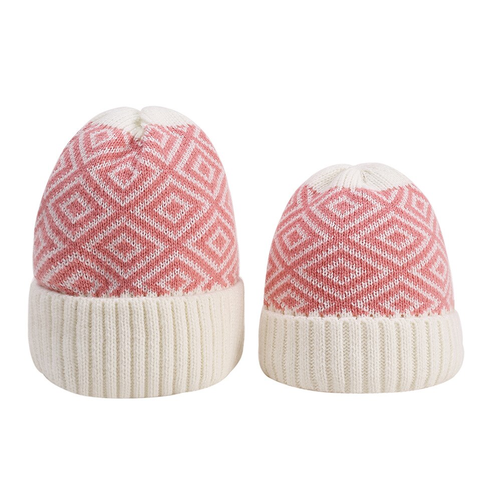 Strikket hat plaid rhombus uld cap strik cap familie matchende hat til voksne børn sød jul: 7