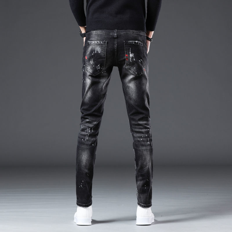 Korea Versie Heren Noble Black Ripped Jeans, Stijlvolle Slim Stretch Jeans, licht Luxe Splash Inkt Print Jeans,Sexy Straat Jeans;