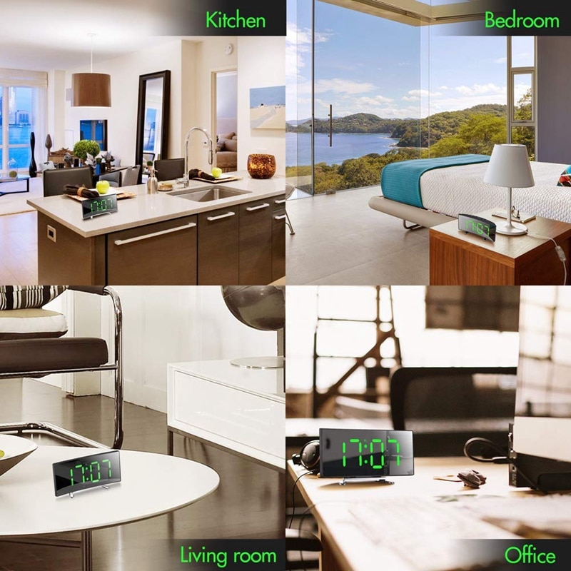 Digital Alarm Clock, 7 Inch Curved Dimmable LED Sn Digital Clock for Kids Bedroom, Green Large Number Clock, Lightweight