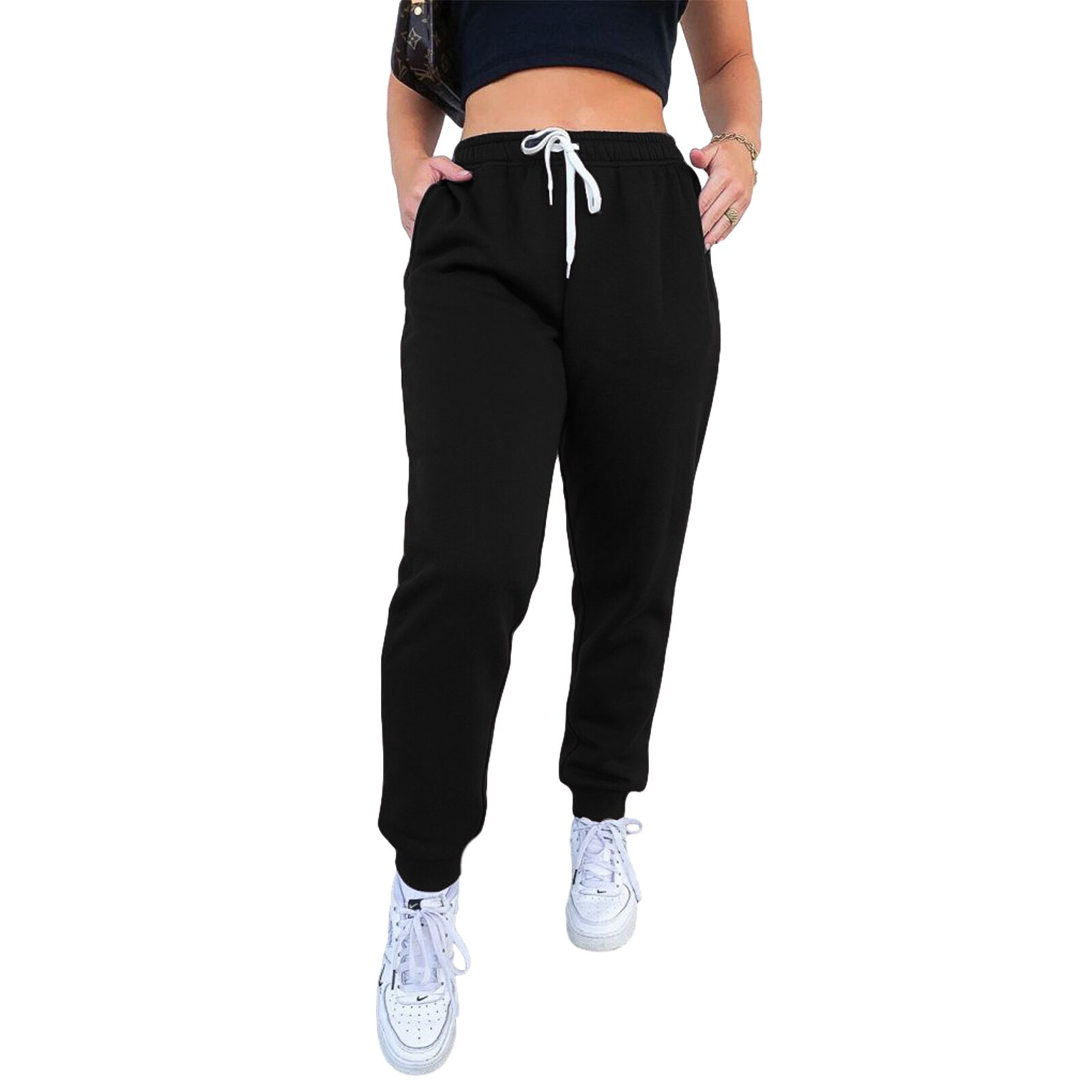 Sweatpants Women's Solid Colors Loose Straight Pants High Waist Casual Sports Fitness Trousers With Fleece-lined Pant: Black / S