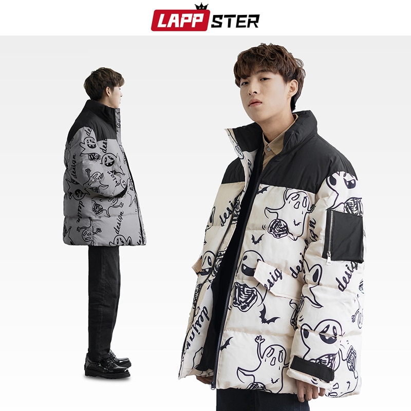 Lappster herr japansk streetwear svart pufferjacka herr harajuku patchwork vinter bubbelrockar manlig spöke hip hop parka