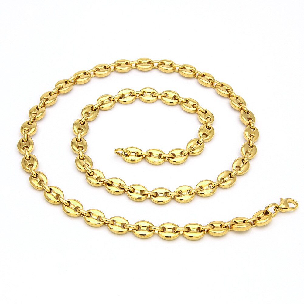 8mm 10mm 13mm koffieboon kettingen voor mannen vrouwen roestvrij staal varkensneus schakelkettingen armbanden choker set valentijnsdag: Ketting goud / 13mm