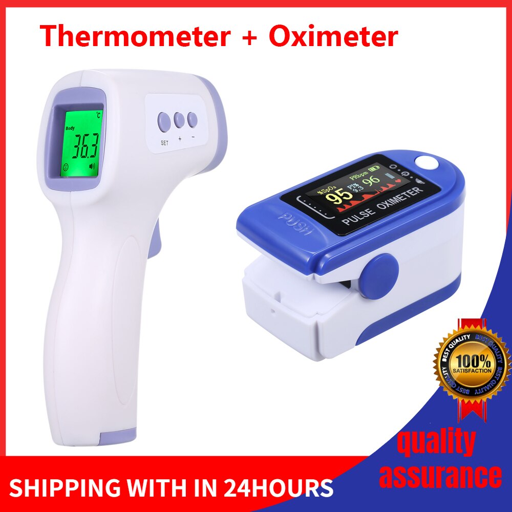 Finger Pulse Oximeter Blood Oxygen Saturation meter Fingertip Pulsoximeter SPO2 Monitor Oximetro dedo Oximeter + IR Thermometer