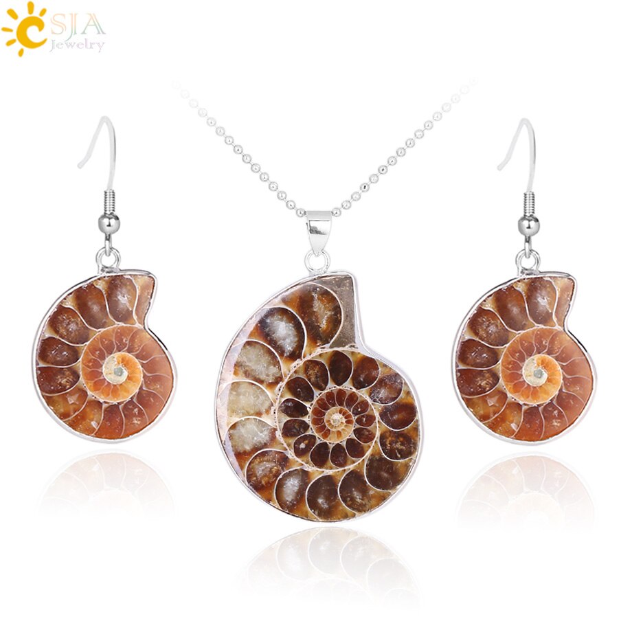 CSJA Natural Unique Ammonite Jewelry Set Fossils Necklaces Pendants Conch Shell Snail Spiral Dangle Earrings Pendants Sets E392