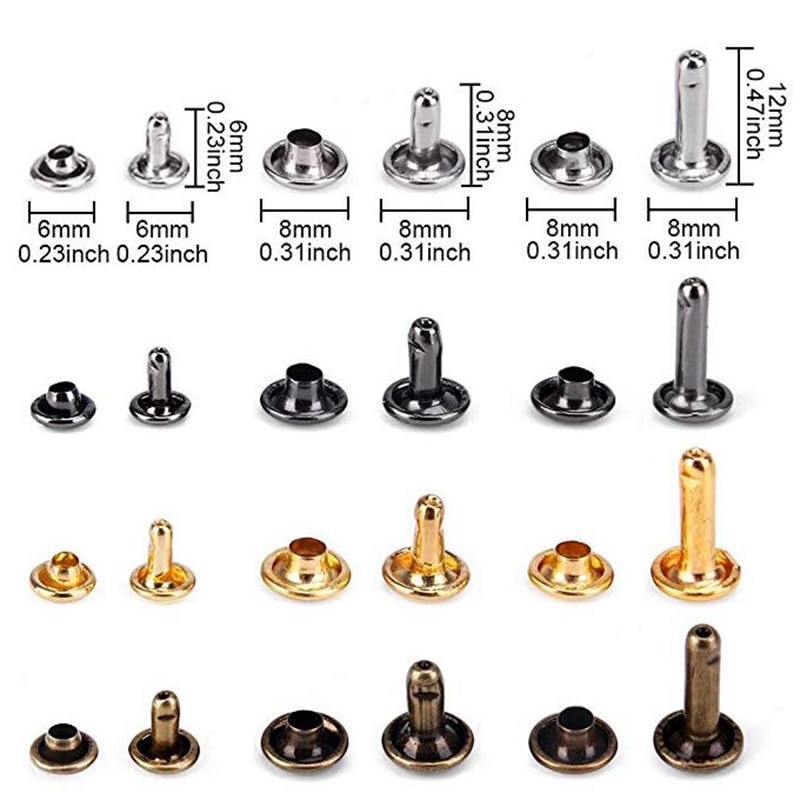 Remaches de cuero de 3 tamaños, tachuelas de Metal tubulares de doble tapa con 4 herramientas de fijación para artesanía de cuero Diy, 4 colores (oro, 360 Uds.