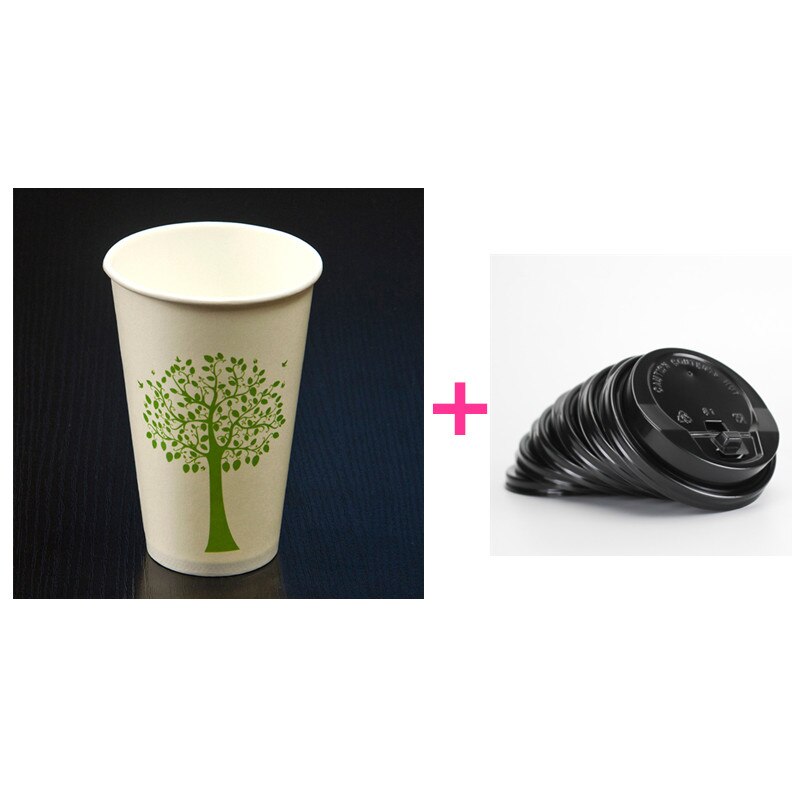 50pcs 350ml wit wegwerp cups groene boom patroon party verjaardag gunst koffie thee papier cup met deksel takeaway pakket: cup and lid