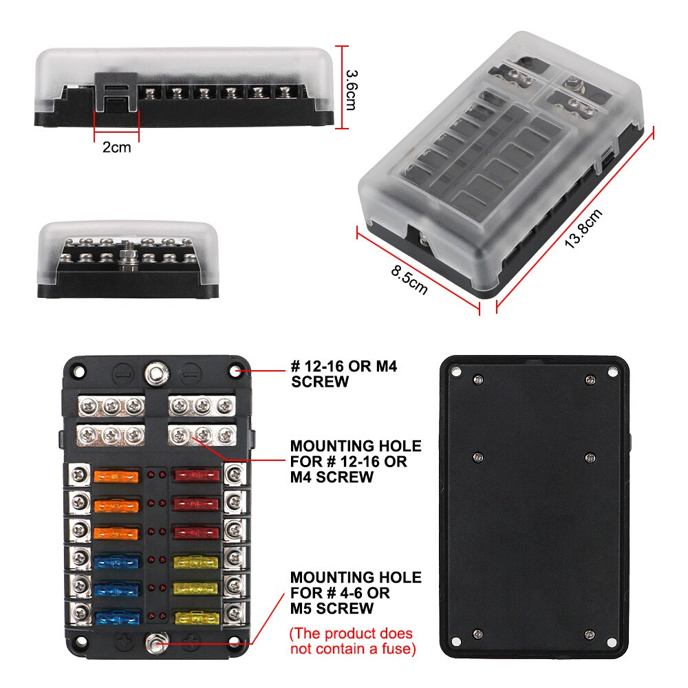 For Auto Car Marine Plastic Cover Fuse Box Holder 100A 32V 6 Ways 12 Ways Blade Fuse Block With LED Indicator Light M5 Stud
