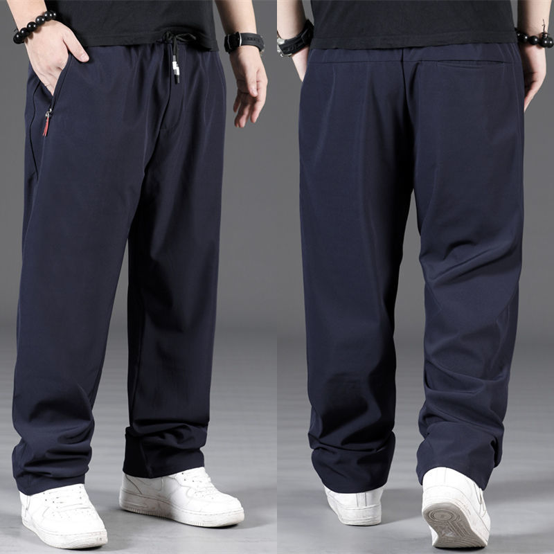 Plus size bomulds casual bukser herre lige løse bukser herretøj elastisk talje cargobukser ren bomuld oversized bukser: 4xl(100-110kg) / Blå