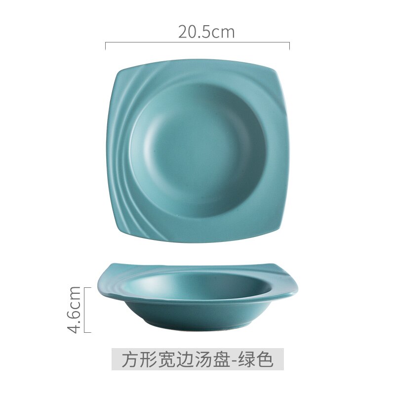 Plato de cerámica para sopa, Plato cuadrado nórdico de porcelana Occidental Profunda para comida, aperitivos, fruta, ensalada, vajilla,: BLUE