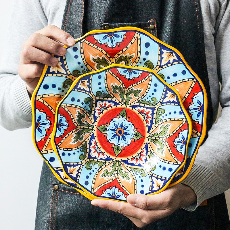 Vajilla de cerámica de estilo étnico, decoración Bohemia para el hogar, postre europeo Irregular, platos de fruta, ensaladas grandes, carne, navidad