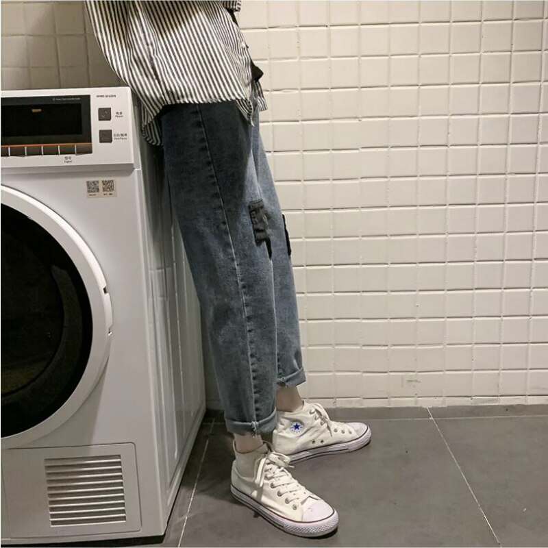 Män jeans lapptäcke ankellängd rak denim trendiga män fritid fast löst matchande cowboybyxor chic retro