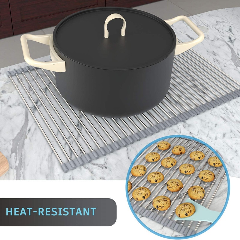 Large Roll-Up Dish Drying Rack Over The Sink Foldable Utensil Plates Holders Dish Rack Rustproof Silicone Dish Drainers