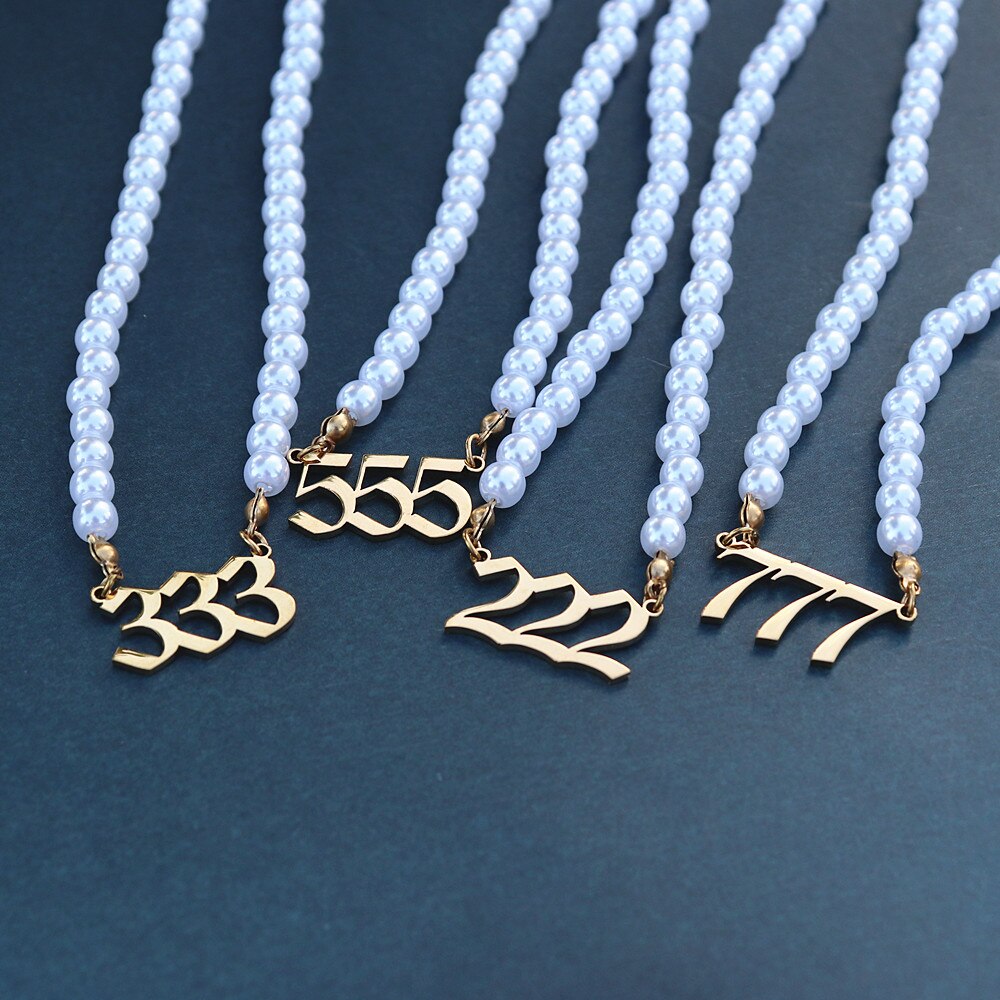 Edelstahl Engel Anzahl Halskette Perle Kette Choker 444 999 888 222 555 666 333 777 Boho Schmuck Teufel Colar gold Halsketten