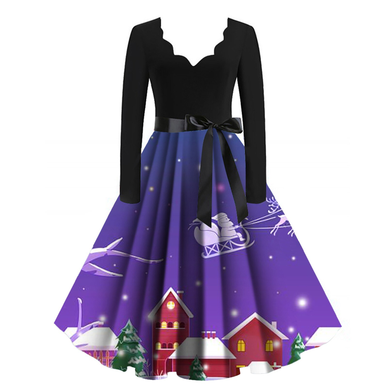 Winter Christmas Dresses Women 50S 60S Vintage Robe Swing Pinup Elegant Party Dress Long Sleeve Casual Plus Size Print Black