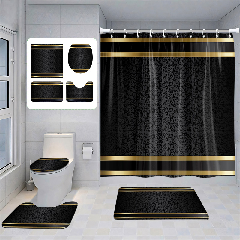 Juego de baño de lujo negro y dorado: cortina de ducha, alfombrillas de baño antideslizantes y cubierta de inodoro, decoración moderna (4 piezas)