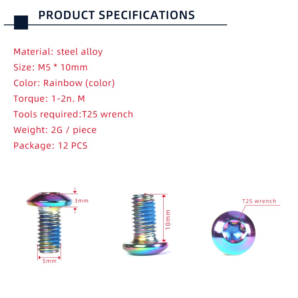 Tanke 12 pièces M5 * 10mm vélo T25 disque frein rotor fixation vis vtt vélo accessoires