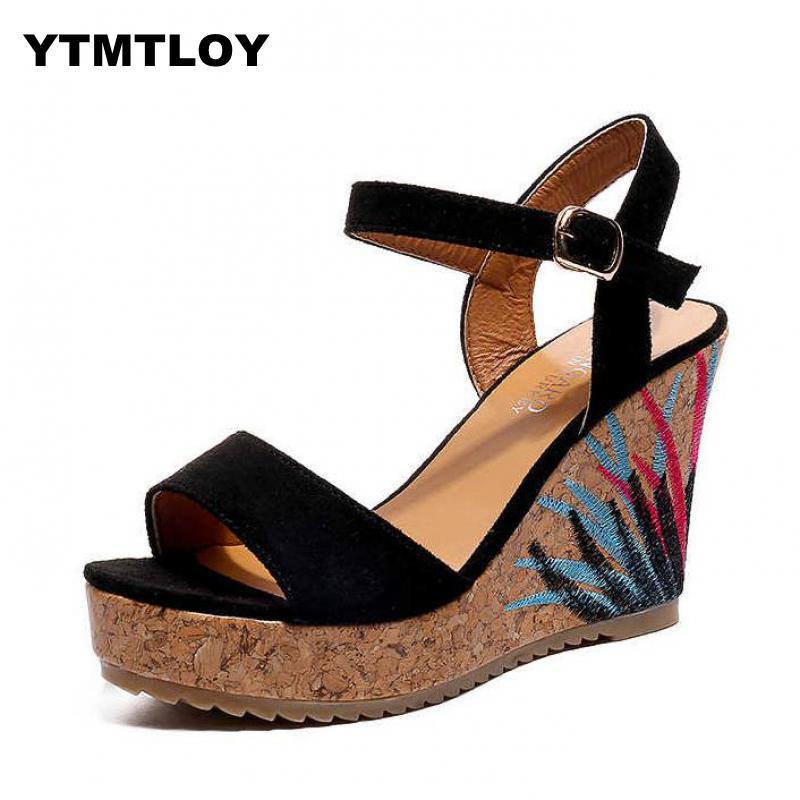 Kvinder sandaler platform wedges sko til hæle sandalias mujer sommer wedge print sommer sko zapatos mujer  t66: Sort / 38