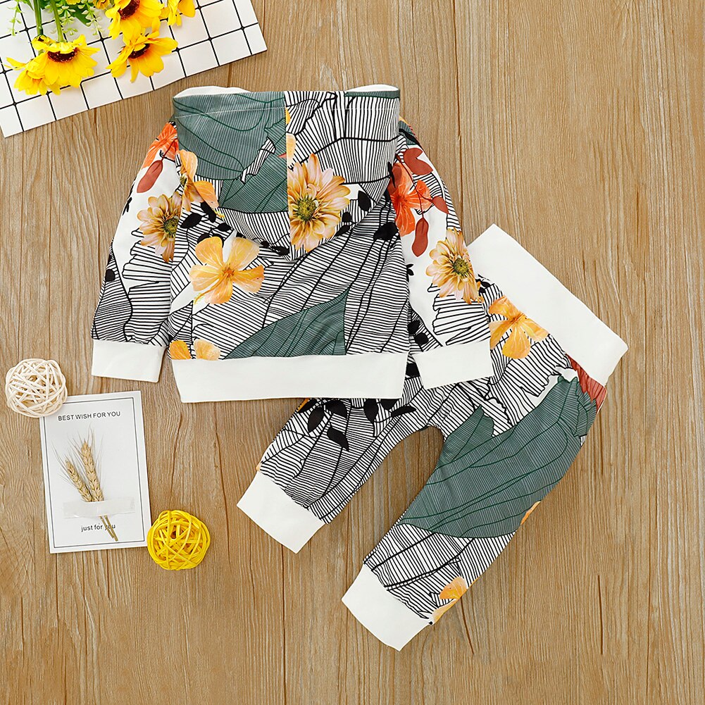 2pcs Kids Spring Autumn Outfit Set Cotton Baby Long Sleeve Sweater Hoodie Tops Printed Long Pants Girls Clothing Outdoor Suit