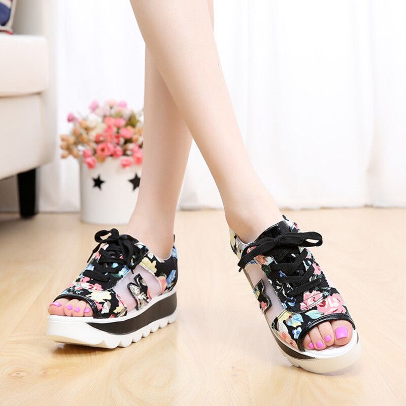 Zomer casual veter sport damesschoenen dames print sandalen visgraat mesh dikke bodem schommelschoenen