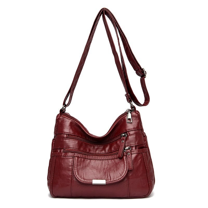Retro women's bag double zipper shoulder bag soft leather handbag simple messenger bag trend multi-pocket bag: wine red