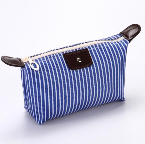 Saco de armazenamento cosmético feminino com zíper listrado oxford pano bolsa de viagem cosméticos casos: Azul