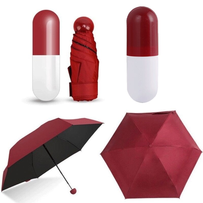 Miniparaguas plegable con caja para pastillas, sombrilla portátil de viaje, a prueba de lluvia, protección UV: Rojo