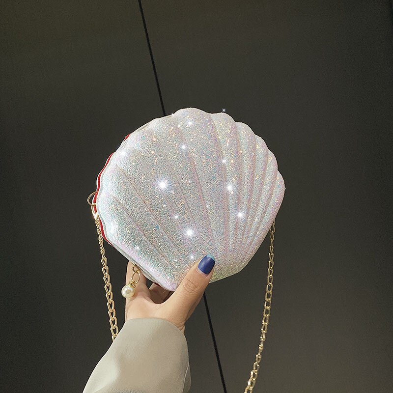 Paillettenbesetzte schultertasche mit kette für damen, handtasche aus pu-leder, niedliche muschelform, mini-tasche, bolsa feminina messenger bag