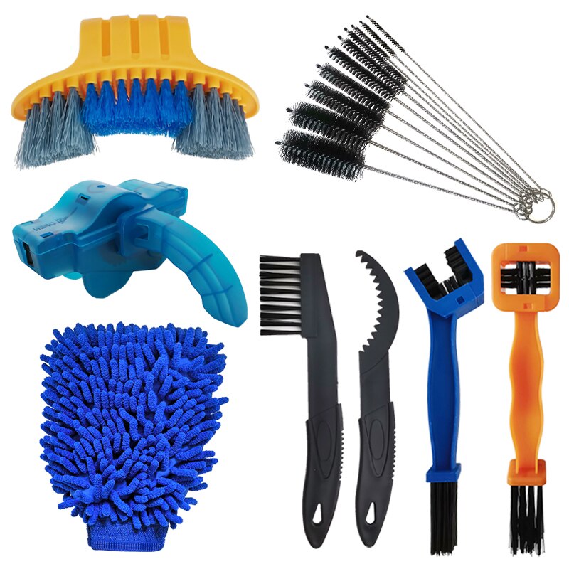 Kit de limpieza de cadena de bicicleta de carretera, limpiador de engranajes, cepillo de limpieza, mantenimiento de ciclismo, guante, herramienta: kit-11