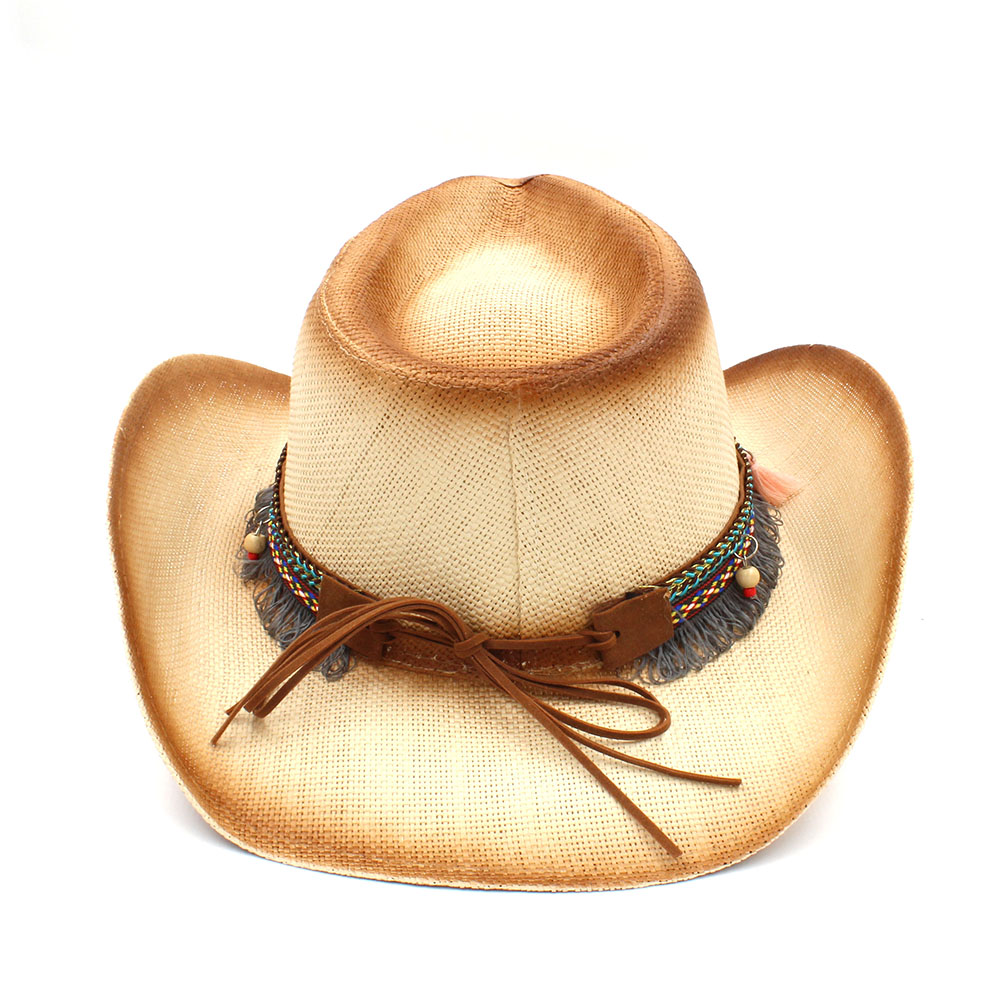 Kvinder halm cowboy hat med punk læderbånd til dame far western sombrero hombre cowgirl jazz caps størrelse 58cm