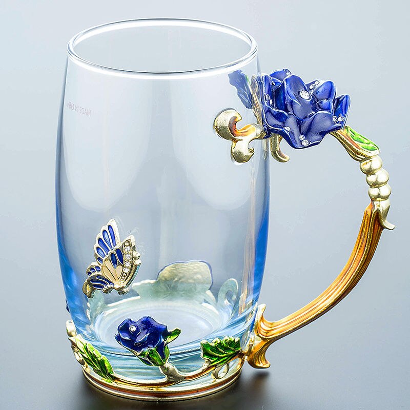 Enamel Water Cup Glass Cup Household Set Flower Tea Crystal Coffee Mug Beer Mug with Handle Wedding Tableware: C