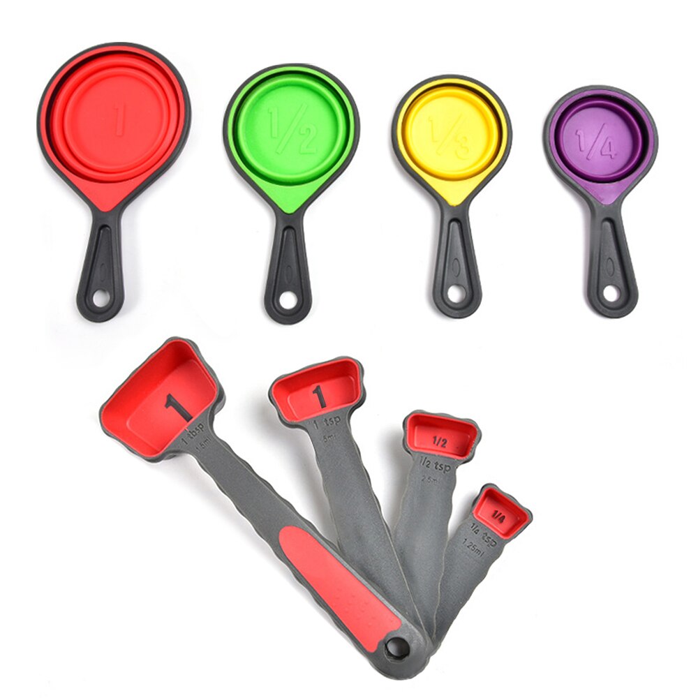 Measuring Cups Spoons Collapsible Silicone Measuring Cups Set 8 piece Measuring Tool Engraved Markings for Liquid Dry Measuring