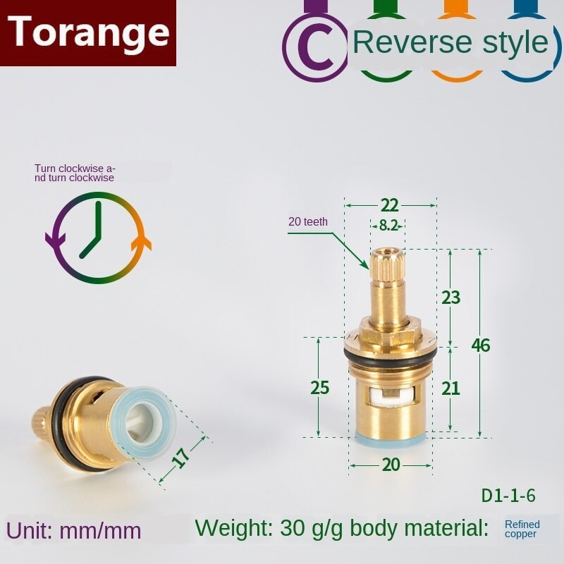 Faucet copper valve core and cold water fast opening triangle valve switch ceramic valve core copper head repair parts: Section C reverse