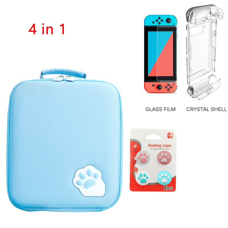 Bolsa de almacenamiento con garra de gato para Nintendo Switch, carcasa dura para consola NS: blue 4 in 1