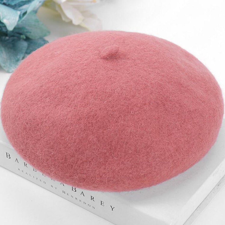Showersmile dames warme baretten gele wollen franse baretten hoeden dames verstelbare zachte petten artistieke winter schilders hoed: Roze hoed