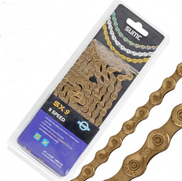 SUMC chaîne de vélo or arc-en-ciel chaîne de vélo X8 X9 X10 X11 X12 Super léger pour 9 10 vitesses vtt/vélo de route 116L creux: SX9EL GOLD