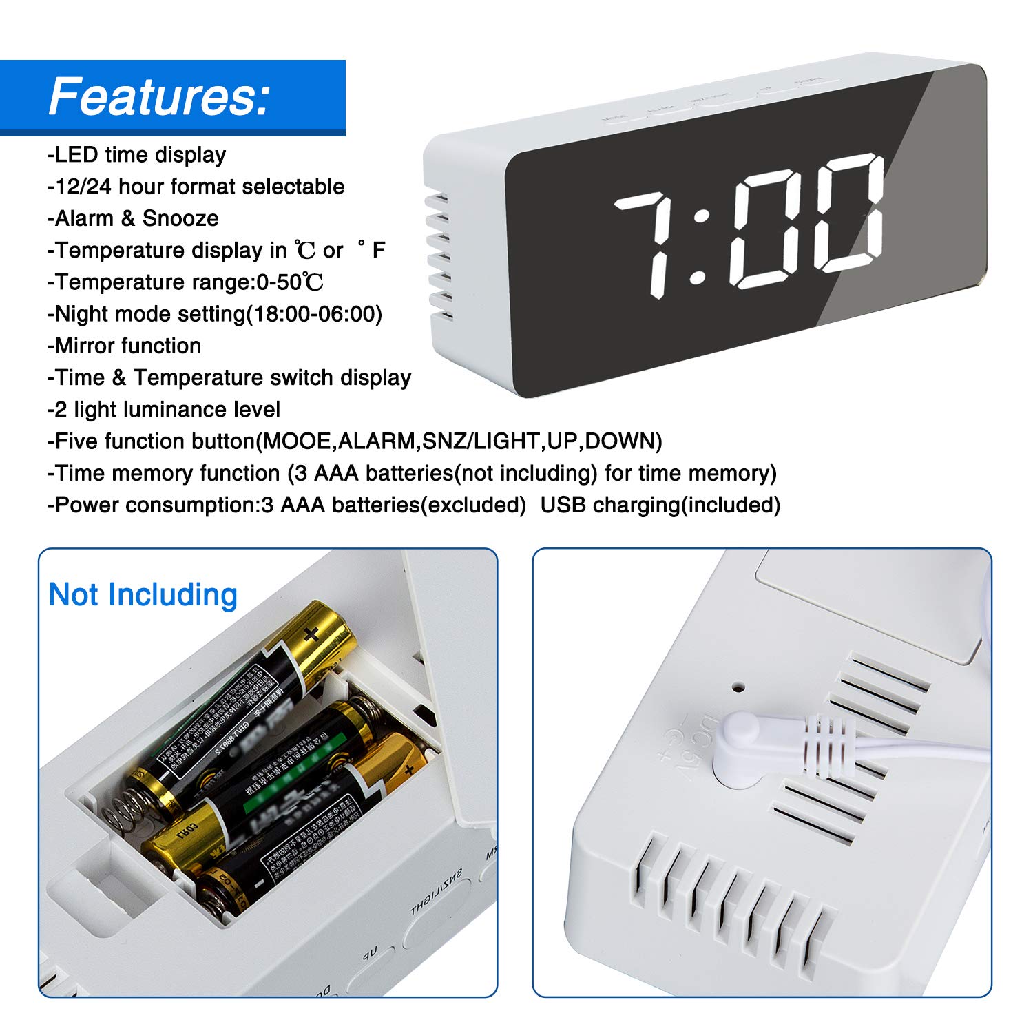 Led Spiegel Wekker Thermometer Digital Display Usb Dimbare Snooze Temperatuur Night Modus Licht Geheugenfunctie Bureauklok