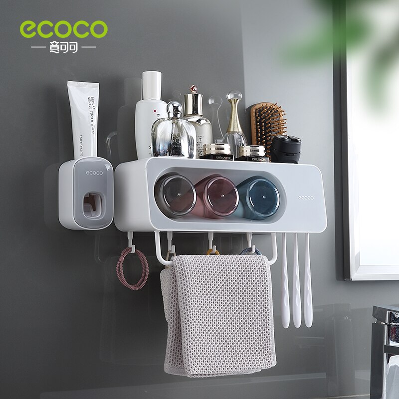 ECOCO Multifunctional Toothbrush Holder Towel Bar Free Punching Automatic Toothpaste Dispenser Squeezer Bathroom oom Accessories: 3 Cup Gray Squeezer