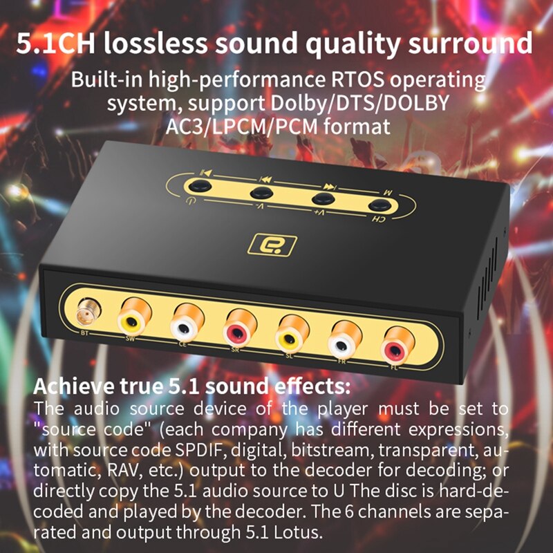 FULL-5.1CH Audio Decoder Wireless Bluetooth 5.0 Receiver DTS AC3 Adapter Optical Coaxial U Play PC-USB Converter