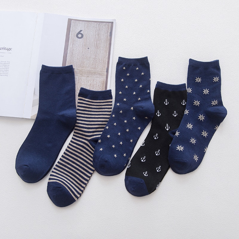 LJIQQ, 5 pares, novedad, azul marino, calcetines azules para hombre, calcetines informales de algodón con personalidad, calcetines de estilo coreano para primavera y verano